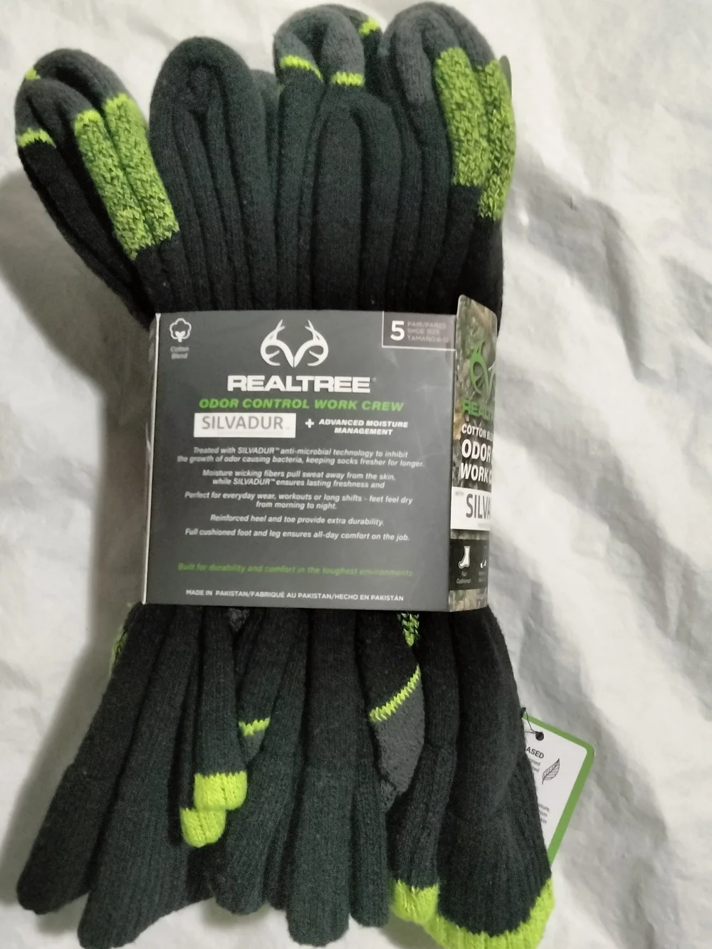 Realtree Men’s 5 Pair Work Crew Socks Odor Control Silvadur Cushion Size 6-12